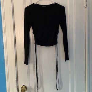 SHEIN Ribbed Ruched Drawstring Black Long Sleeve Cropped Tee